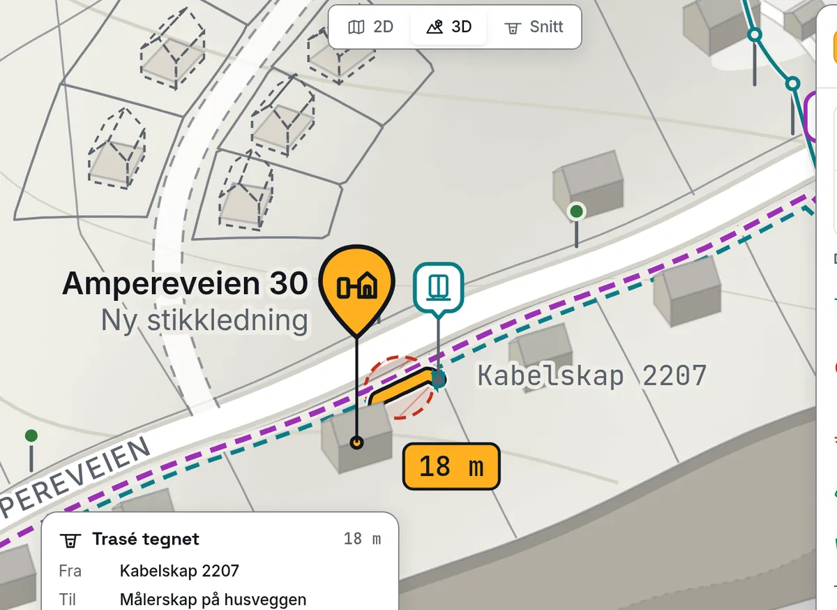 Utsnitt av et kart i 3D: et oppdrag markert på en adresse, en gul trasé på 18 meter fram til et kabelskap, og kabler i bakken tegnet som stiplede linjer.
